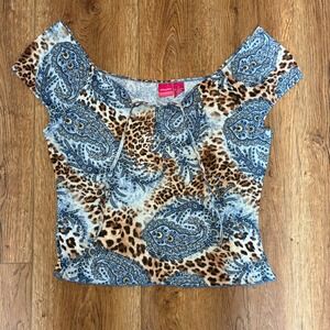 Y2K Xhilaration Blue Paisley Leopard Print Tie Neck Top Womens XL Romantic boho